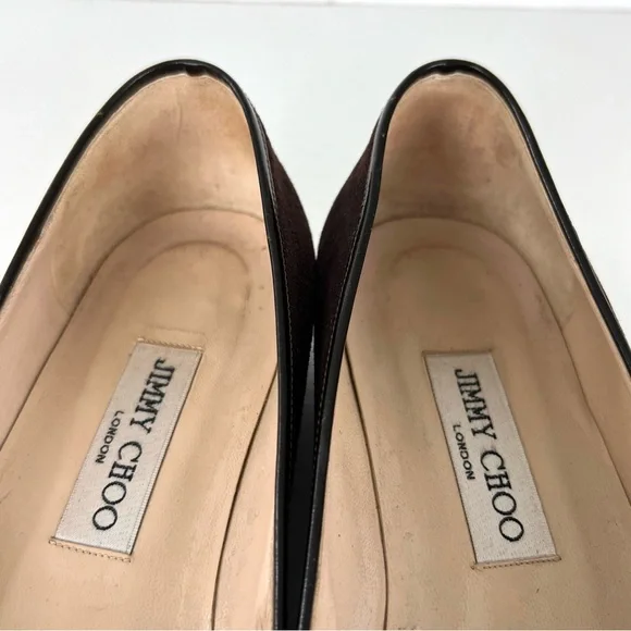 JIMMY CHOO Brown Suede w Leather Accent Close Pointy Toe Slip On Flats Sz 39 1/2